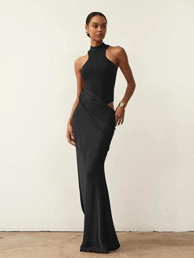 Women's Sexy Satin Maxi Dress – Hollow-Out, Slim Fit, Sleeveless Evening Clubwear