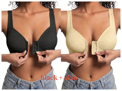 Women’s Front Close Bra – Solid Color, Fixed Cups, Wire-Free