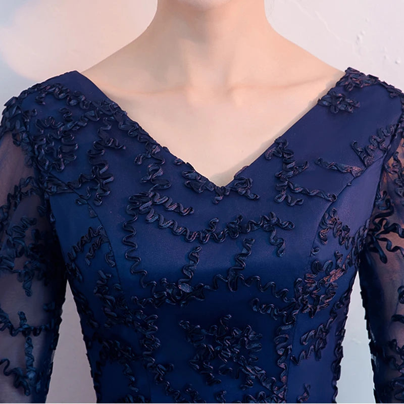 Elegant 2025 Navy Blue V-Neck Bridesmaid Dress – Half Sleeve A-Line Formal Gown for Women