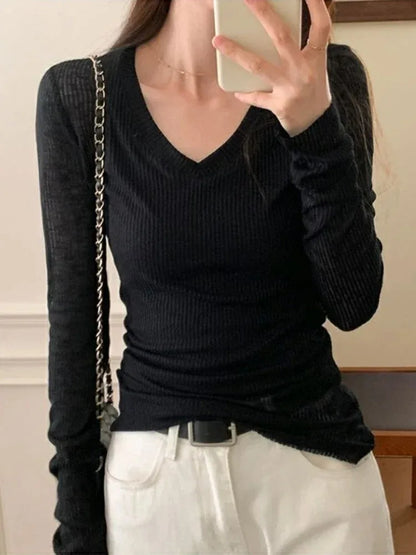 Women’s Long Sleeve Slim T-Shirt – Thin Perspective Summer Tee