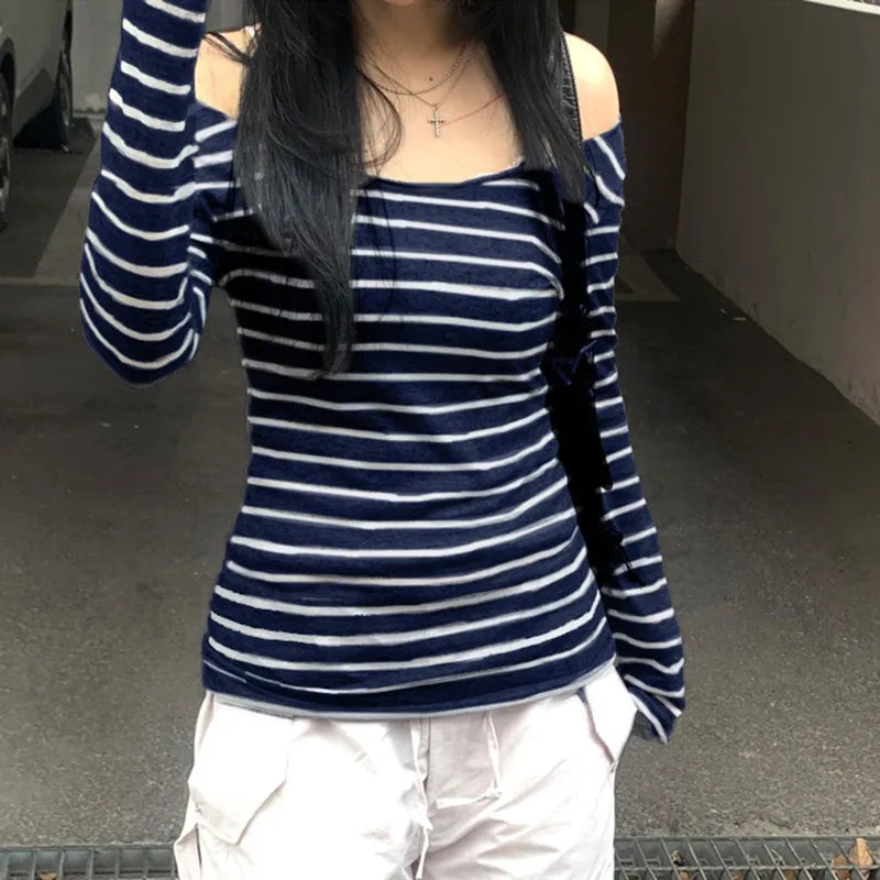 Japanese Slim Long Sleeve Stripe Tee – Off-Shoulder O-Neck Women’s T-Shirt