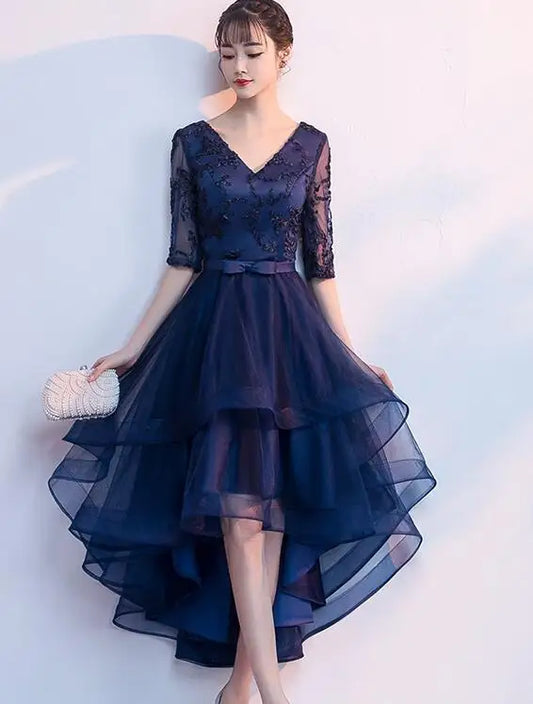 Elegant 2025 Navy Blue V-Neck Bridesmaid Dress – Half Sleeve A-Line Formal Gown for Women