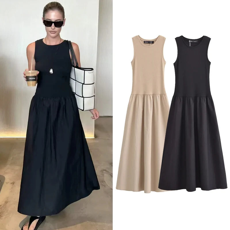 HXAO Women's Black Long Dresses 2025 Spring Sleeveless Elegant Dresses Fashion Casual Vintage Party Khaki Dresses Vestidos