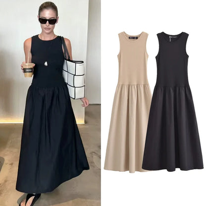 HXAO Women's Black Long Dresses 2025 Spring Sleeveless Elegant Dresses Fashion Casual Vintage Party Khaki Dresses Vestidos