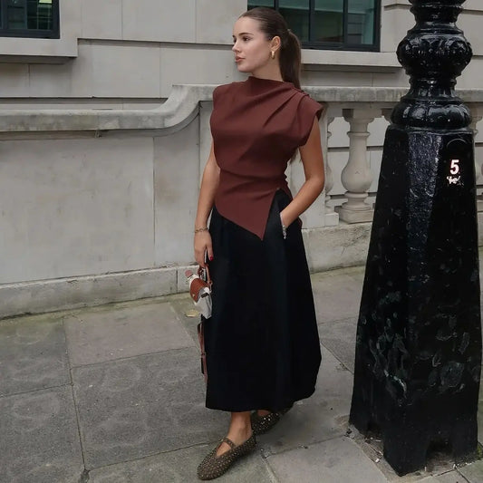 2025 Summer Asymmetric Tank Top – Women’s Ruched Slim Fit Office & Party Top