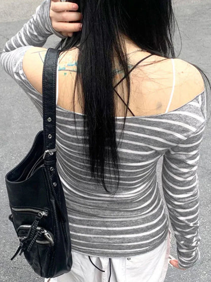 Japanese Slim Long Sleeve Stripe Tee – Off-Shoulder O-Neck Women’s T-Shirt