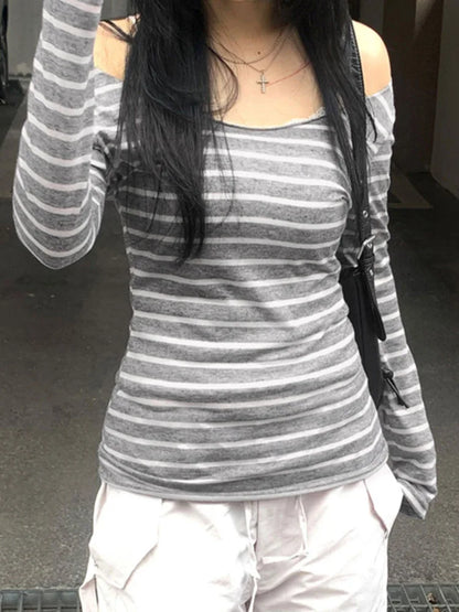 Japanese Slim Long Sleeve Stripe Tee – Off-Shoulder O-Neck Women’s T-Shirt