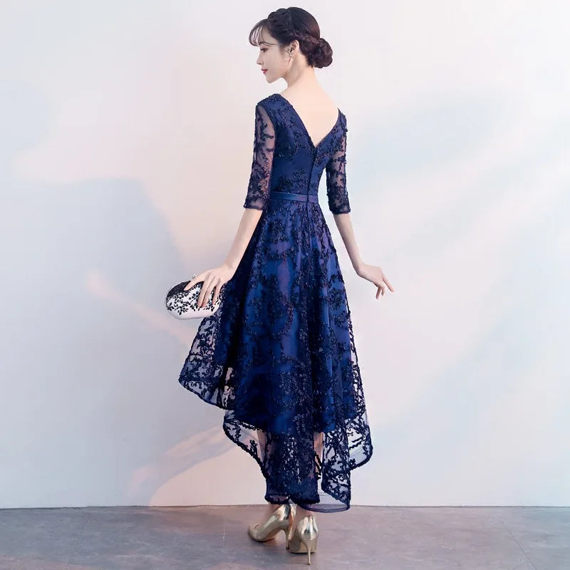 Elegant 2025 Navy Blue V-Neck Bridesmaid Dress – Half Sleeve A-Line Formal Gown for Women