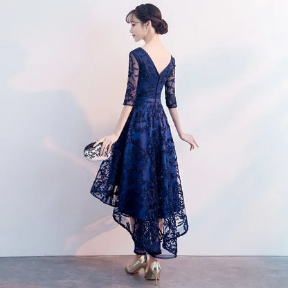 Elegant 2025 Navy Blue V-Neck Bridesmaid Dress – Half Sleeve A-Line Formal Gown for Women