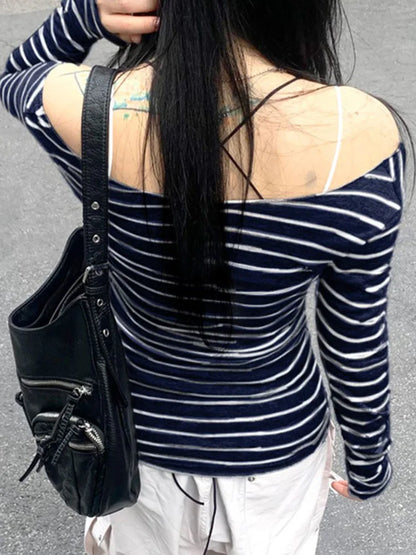Japanese Slim Long Sleeve Stripe Tee – Off-Shoulder O-Neck Women’s T-Shirt
