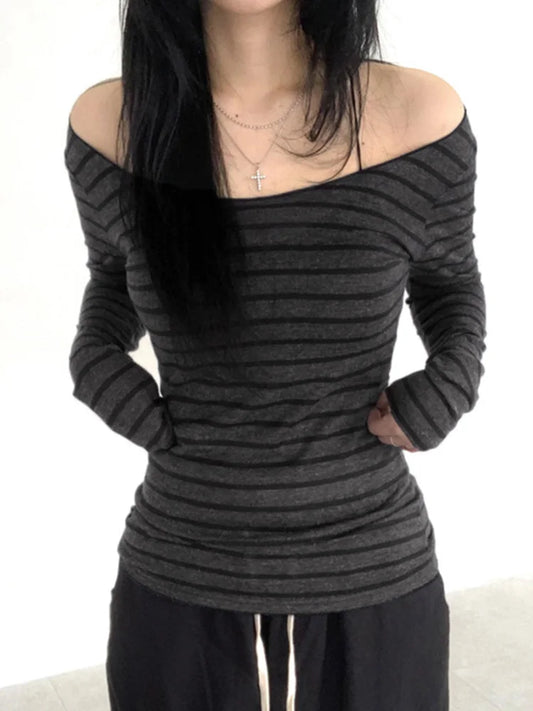 Japanese Slim Long Sleeve Stripe Tee – Off-Shoulder O-Neck Women’s T-Shirt