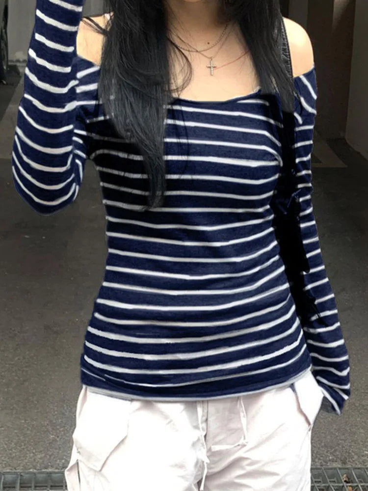 Japanese Slim Long Sleeve Stripe Tee – Off-Shoulder O-Neck Women’s T-Shirt