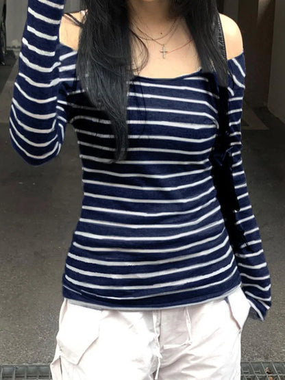 Japanese Slim Long Sleeve Stripe Tee – Off-Shoulder O-Neck Women’s T-Shirt