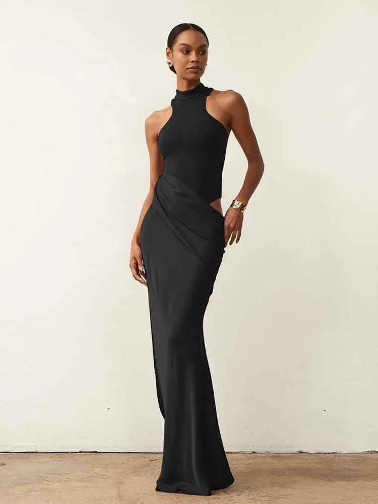 Women's Sexy Satin Maxi Dress – Hollow-Out, Slim Fit, Sleeveless Evening Clubwear