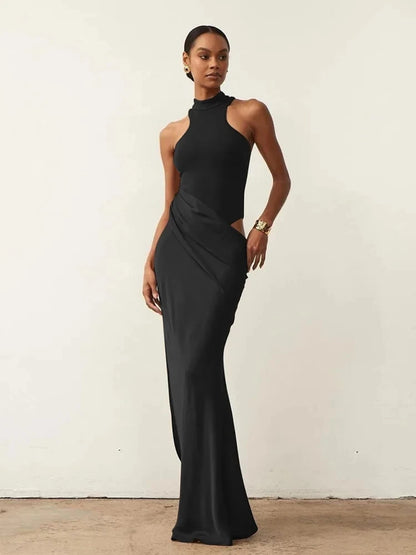 Women's Sexy Satin Maxi Dress – Hollow-Out, Slim Fit, Sleeveless Evening Clubwear