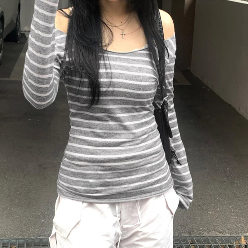 Japanese Slim Long Sleeve Stripe Tee – Off-Shoulder O-Neck Women’s T-Shirt